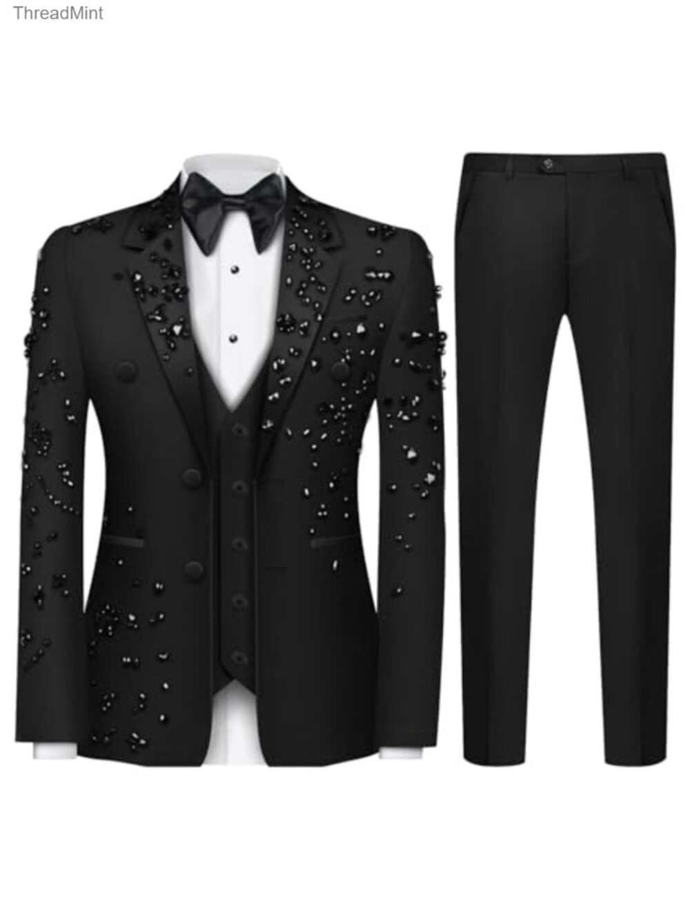 Men's Rhinestone 2 Piece Slim Fit Tuxedo Suit Set Crystal Blazer Pants Wedding